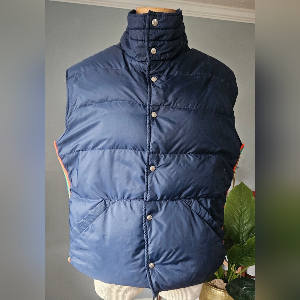 VTG Roffe Rainbow Striped Down Puffer Vest Navy Gorpcore Retro Ski Size L